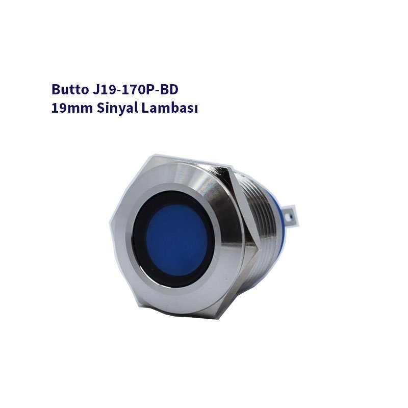 J19-170P-BD 19 mm LED IŞIKLI YASSI KAFALI SİNYAL LAMBASI MAVİ