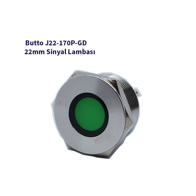J22-170P-GD 22 mm LED IŞIKLI YASSI KAFALI SİNYAL LAMBASI YEŞİL